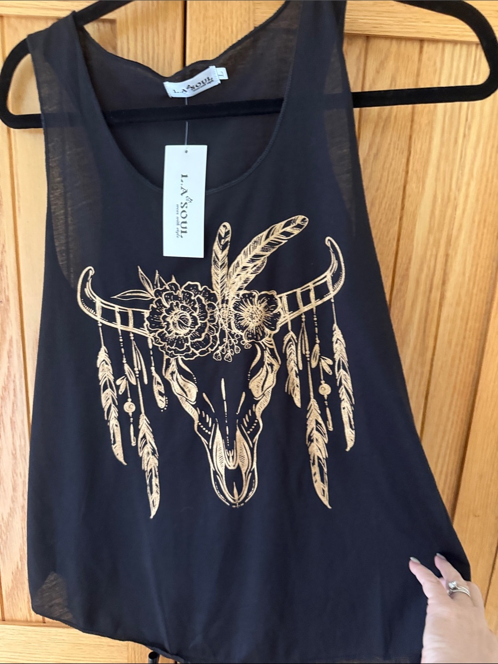 LA Soul Black Tank Top with Gold Skull & Feather Graphic